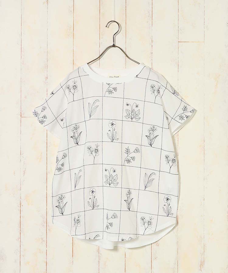 格子フラワー刺繍Tシャツ