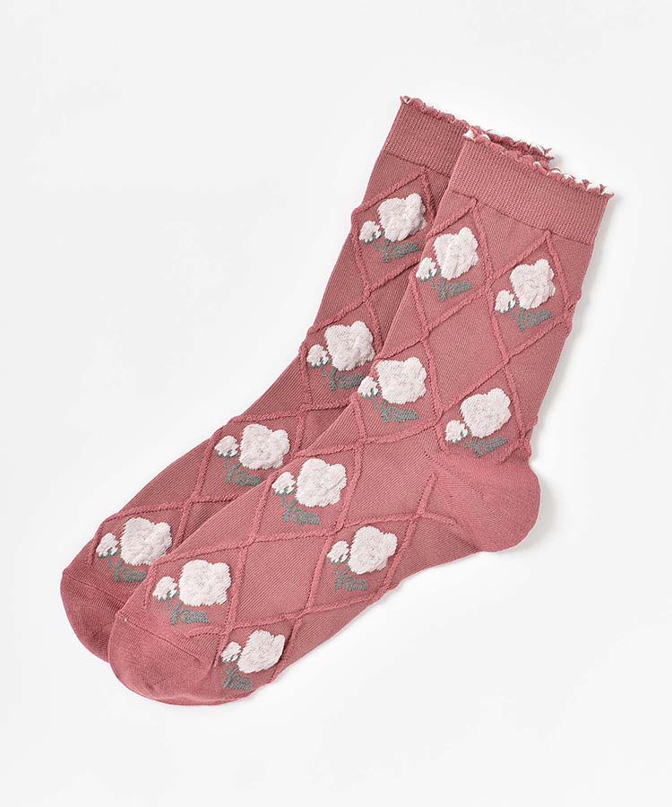 バラ×ダイヤ柄クルーソックス