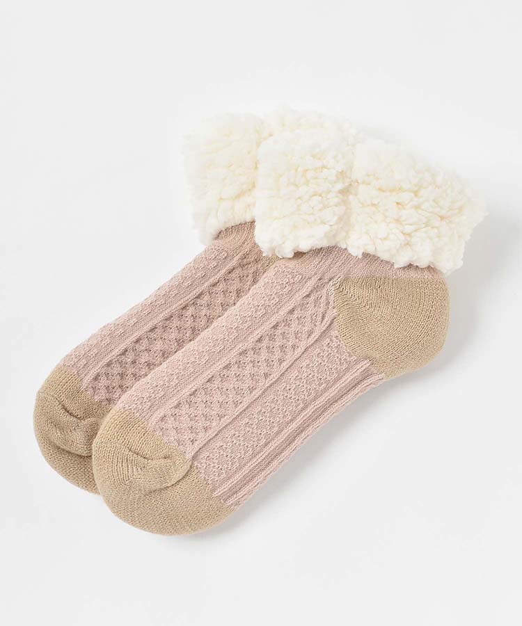 編み柄裏ボア切替ロークルーソックス