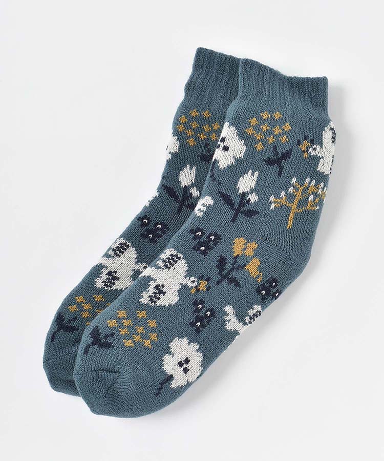 花とトリ裏ボア二重編みクルーソックス