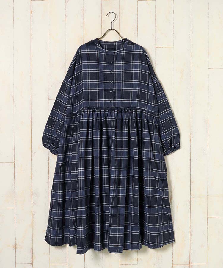 ネルウエスト切替長袖ギャザーワンピース