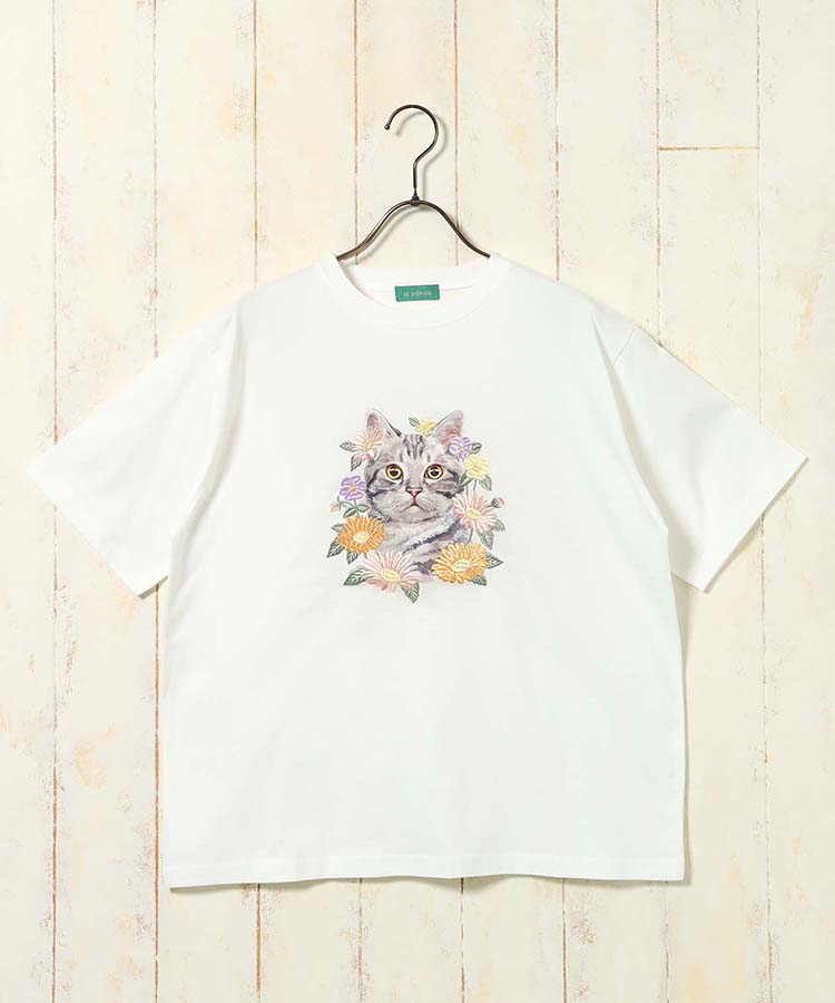 le petaleフラワー刺繍catTシャツ