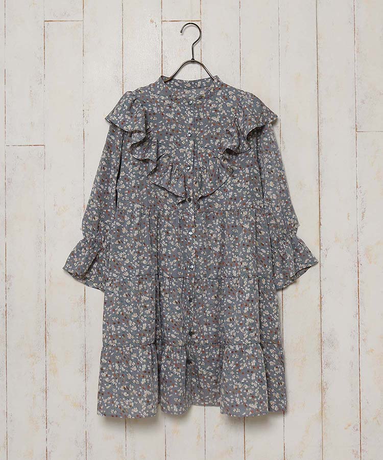 ≪OUTLET≫ペイント花柄デシンバンドカラーフリルティアード