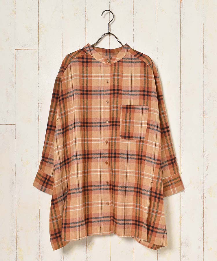 ≪OUTLET≫ビッグシルエットノーカラー起毛チェックシャツ