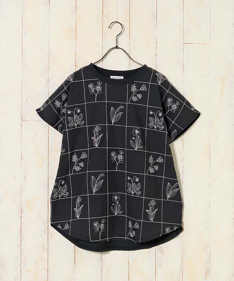 格子フラワー刺繍Tシャツ