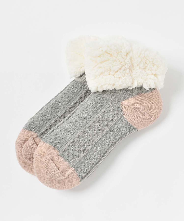 編み柄裏ボア切替ロークルーソックス