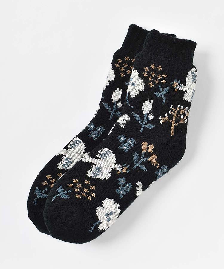 花とトリ裏ボア二重編みクルーソックス