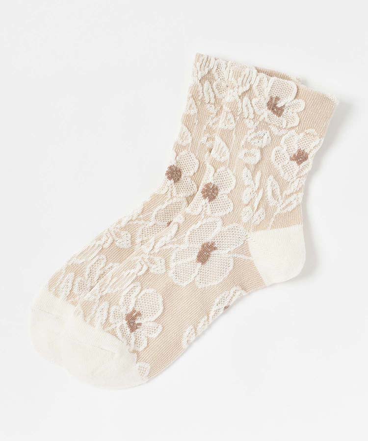 やわらかWゆったりレースフラワーロークルーソックス