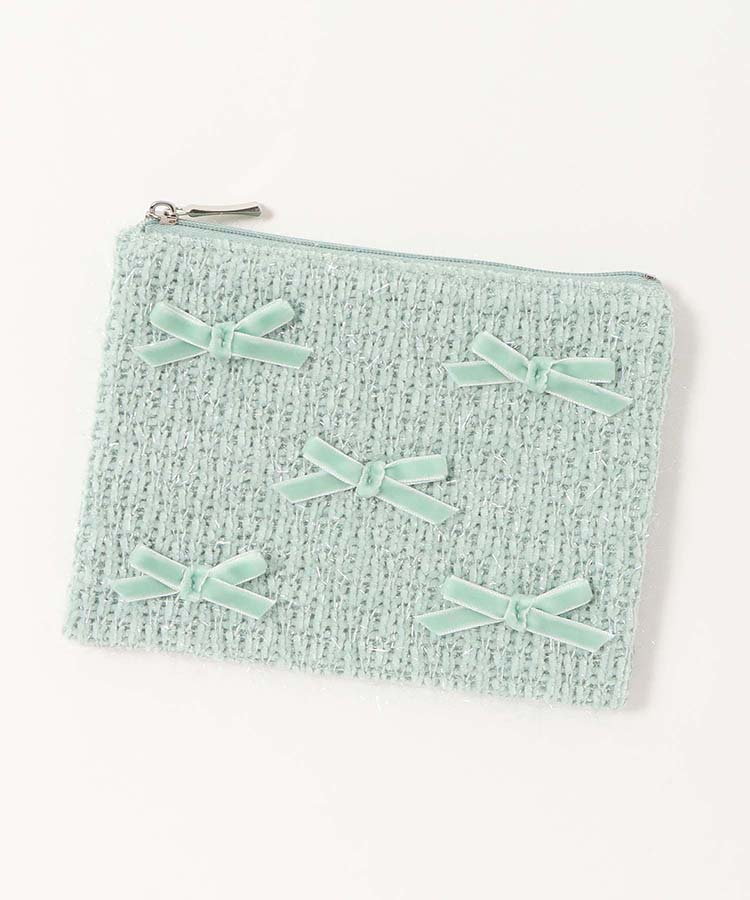 プチリンドラメニットリボンフラットポーチ