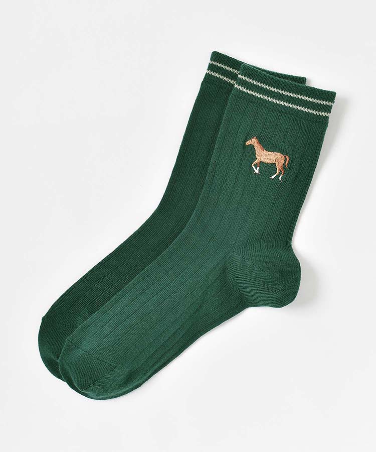 うま刺繍ラインソックス