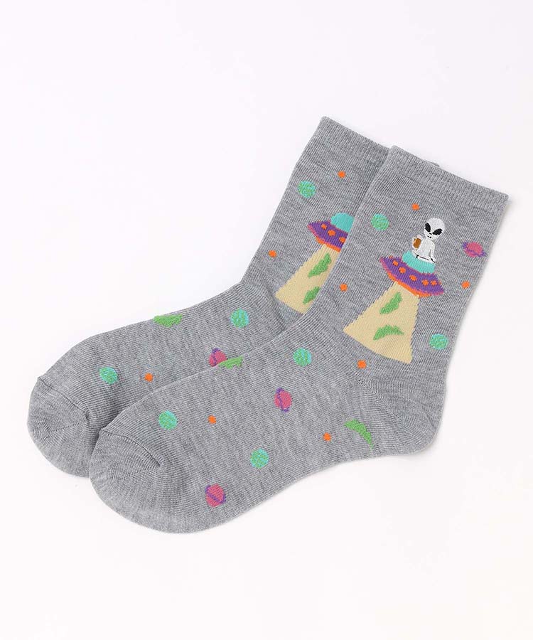 ビール宇宙人刺繍クルーソックス