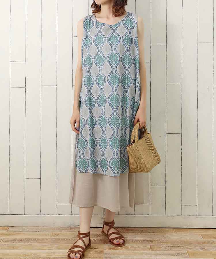 ≪SALE≫袖なしオリエンタル柄ワンピース