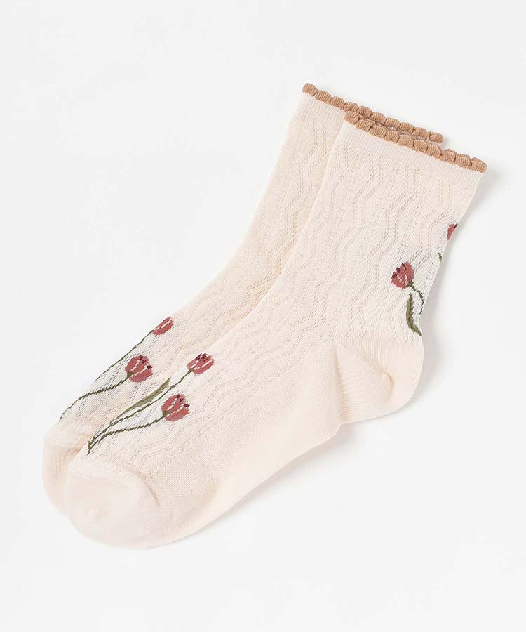 チューリップ柄メッシュロークルーソックス