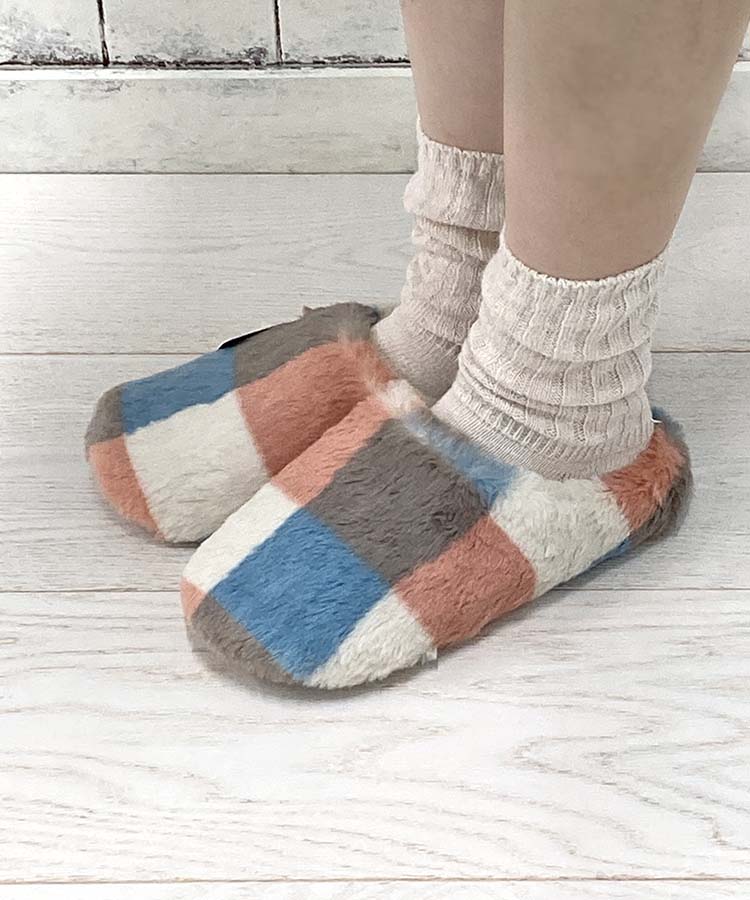 チェック柄エコファールームシューズM