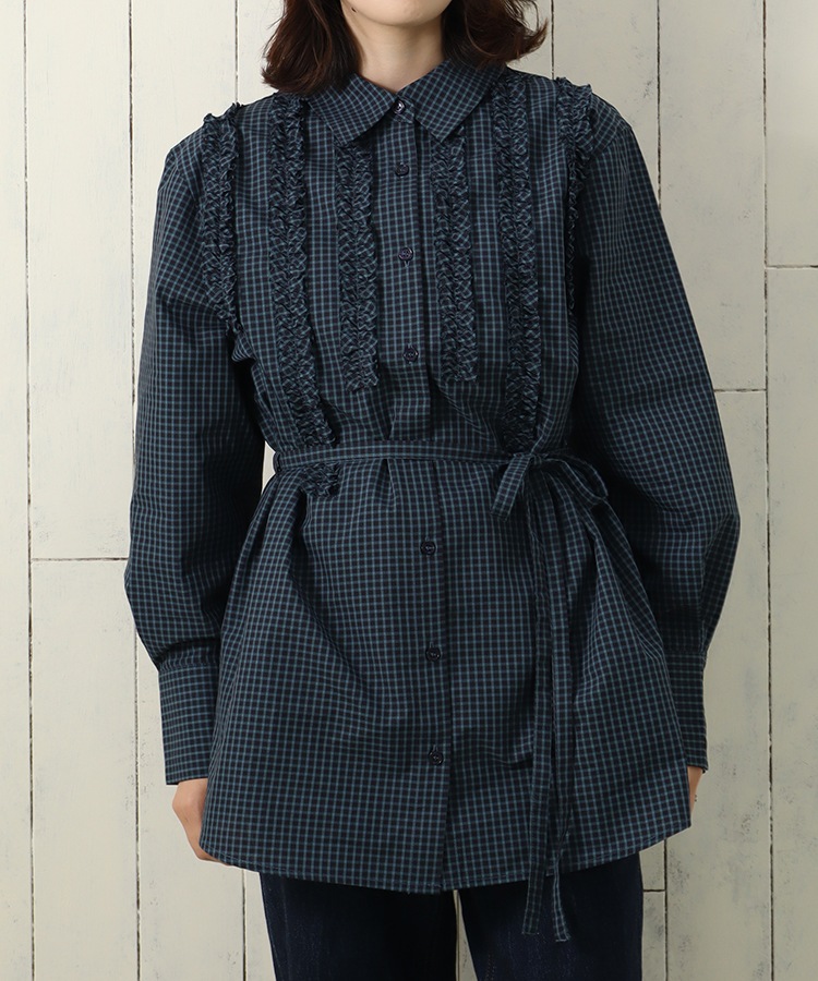 le petaleフリルラインチェックブラウス