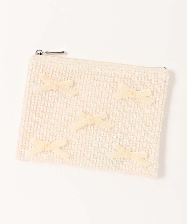 プチリンドラメニットリボンフラットポーチ