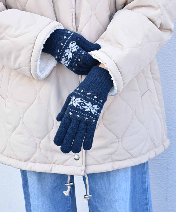 裏起毛雪柄ニットグローブL