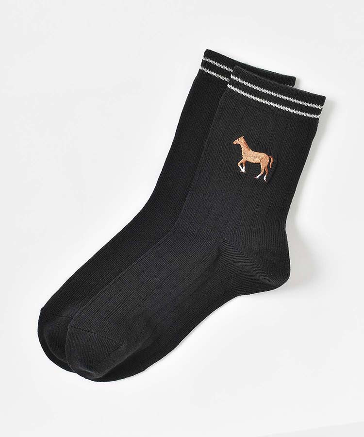 うま刺繍ラインソックス