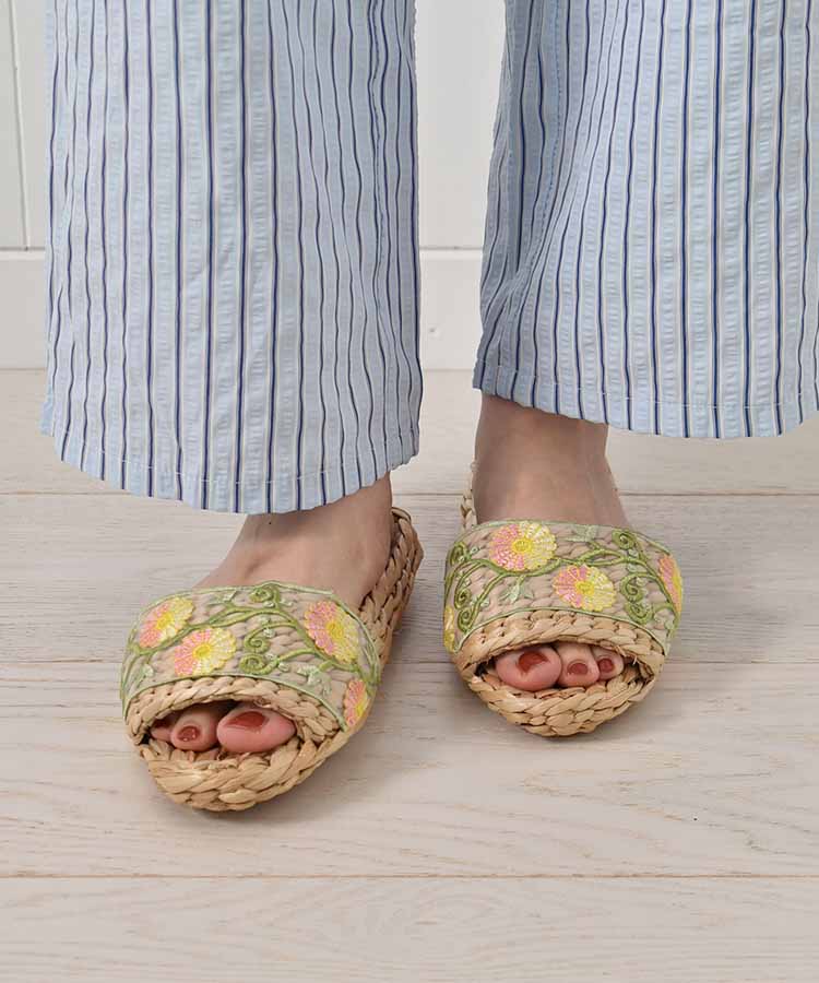 ≪SALE≫フラワー刺繍リボンガマスリッパ