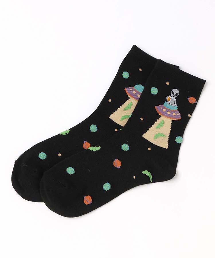 ビール宇宙人刺繍クルーソックス