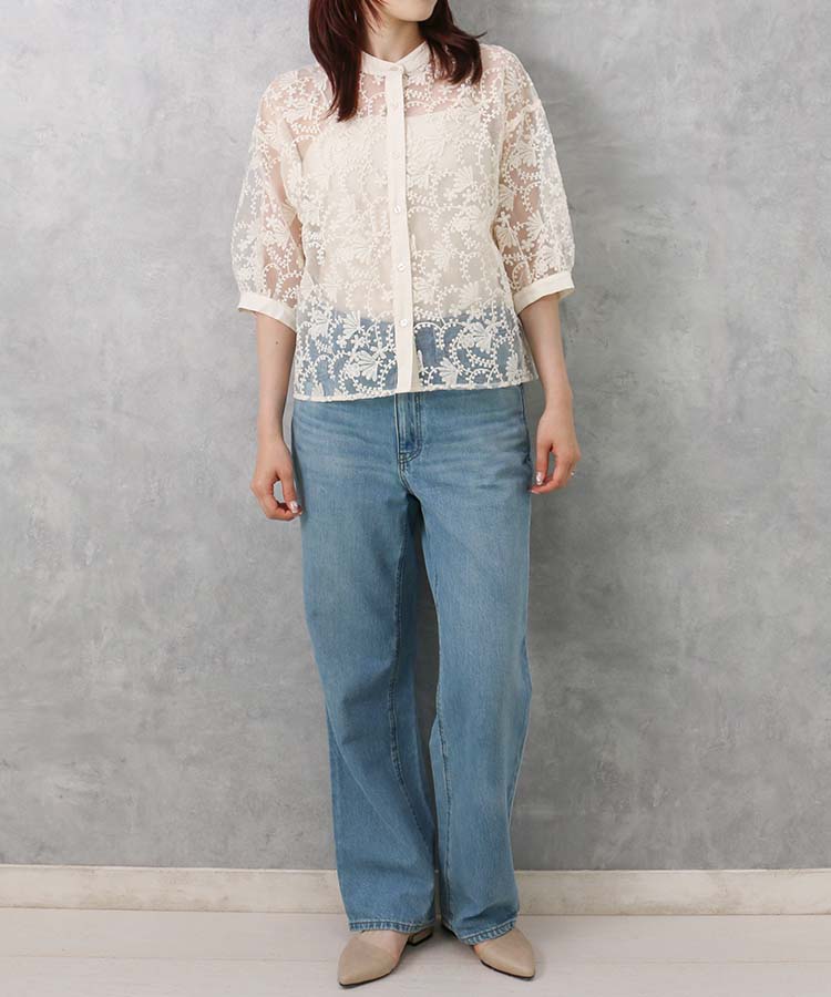 ≪SALE≫ハーフスリーブシアーフラワーレースブラウス