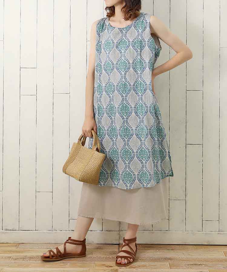 ≪SALE≫袖なしオリエンタル柄ワンピース