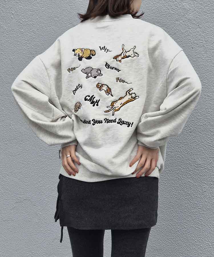 Lazyアニマル刺繍トレーナー