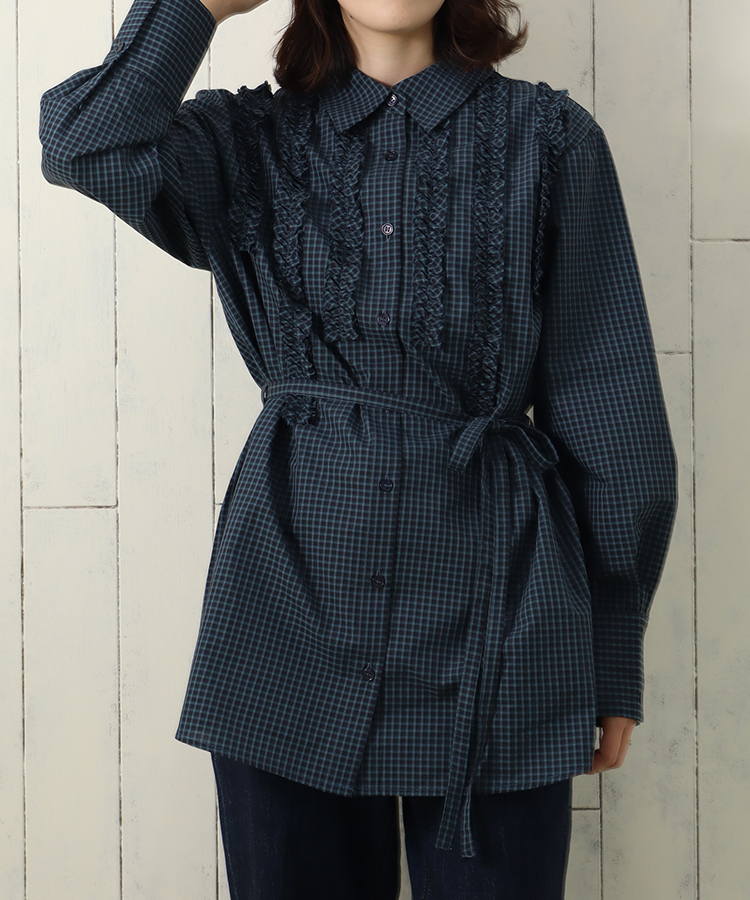 le petaleフリルラインチェックブラウス