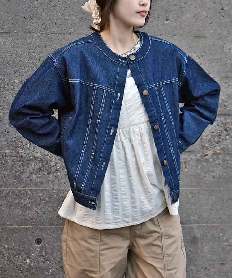コットンデニムノーカラージャケット