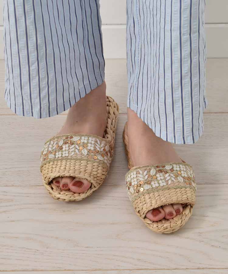 ≪SALE≫フラワー刺繍リボンガマスリッパ