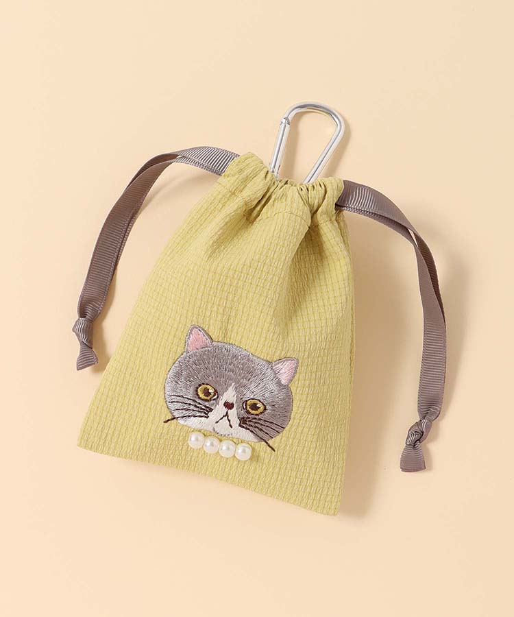 キャットパールカラビナ付きリップル巾着