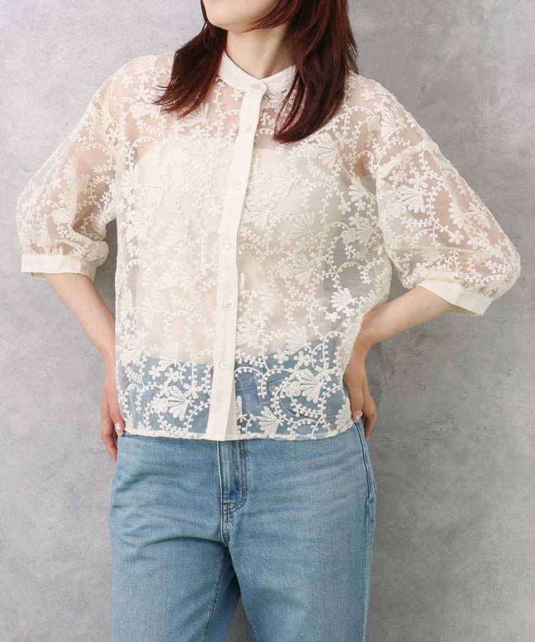 ≪SALE≫ハーフスリーブシアーフラワーレースブラウス