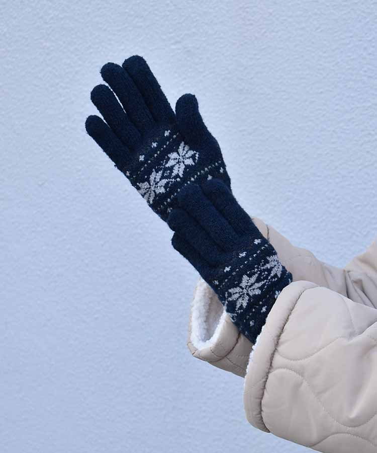 裏起毛雪柄ニットグローブL