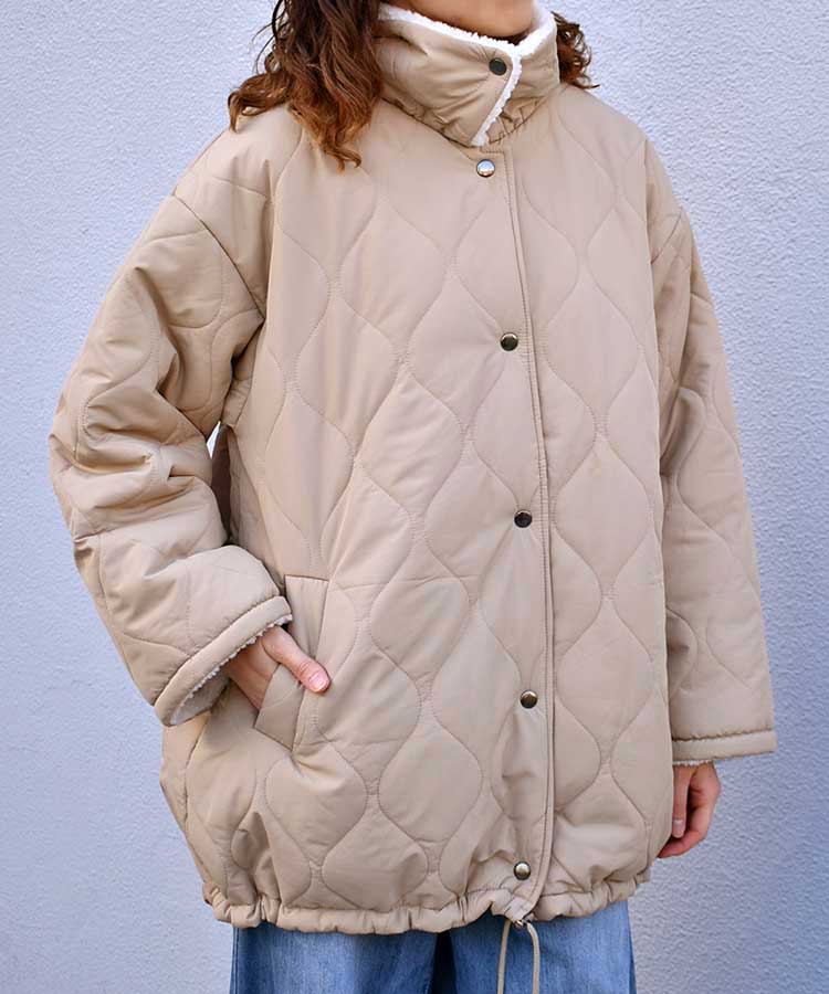 中綿ボア付きキルトコート