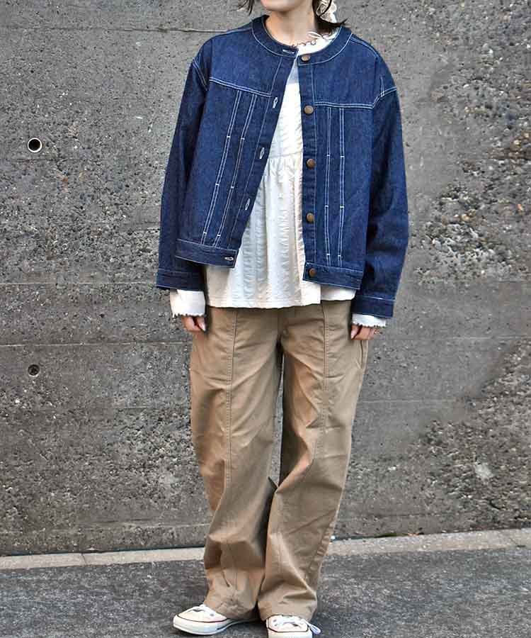 コットンデニムノーカラージャケット