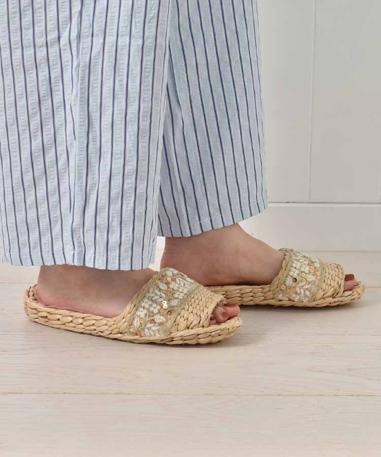 ≪SALE≫フラワー刺繍リボンガマスリッパ