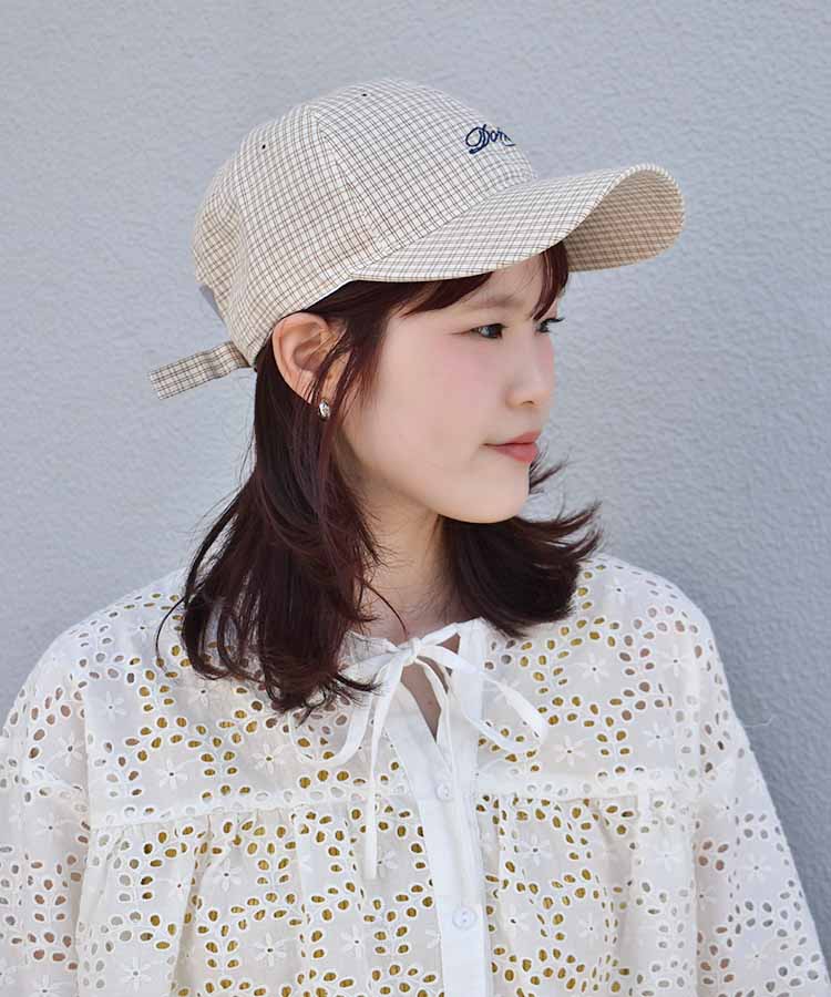チェック刺繍キャップ