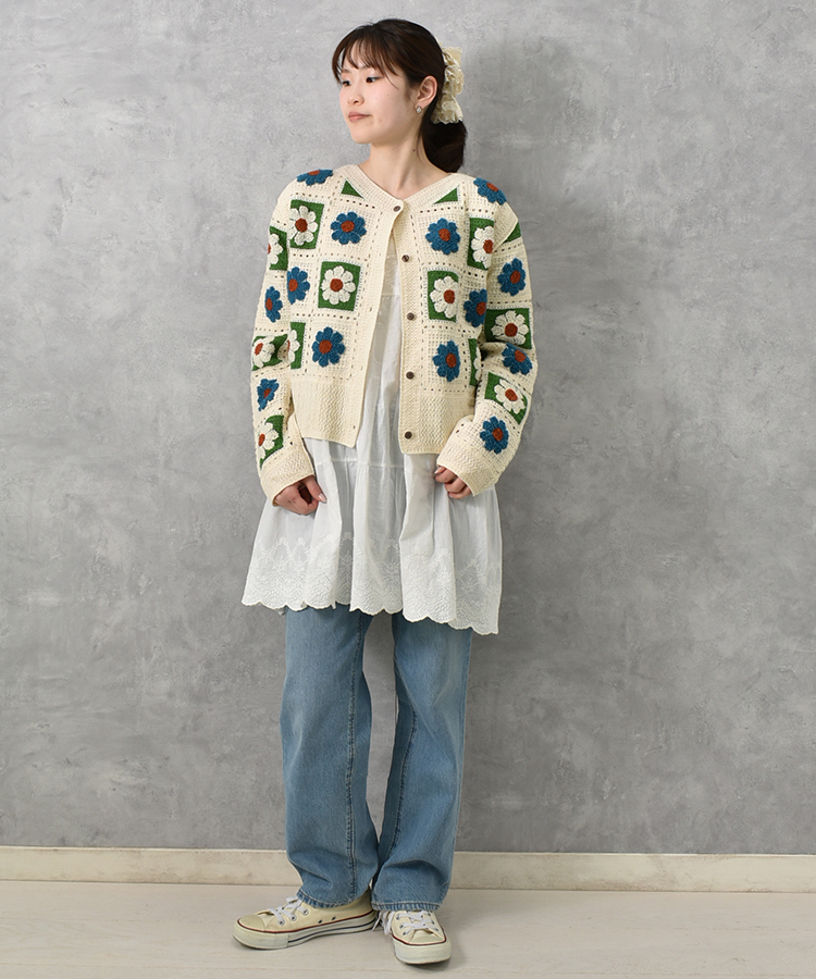 フラワーサガラ刺繍かぎ針カーディガン