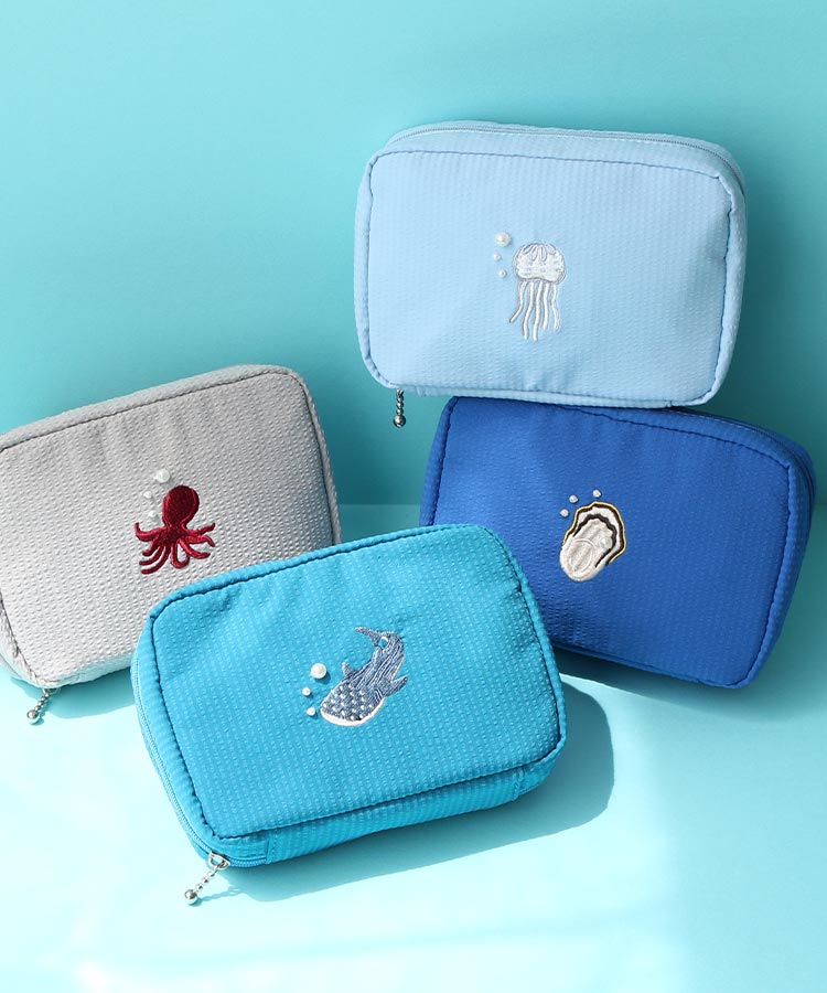 海洋生物パール刺繍多ポケットポーチ