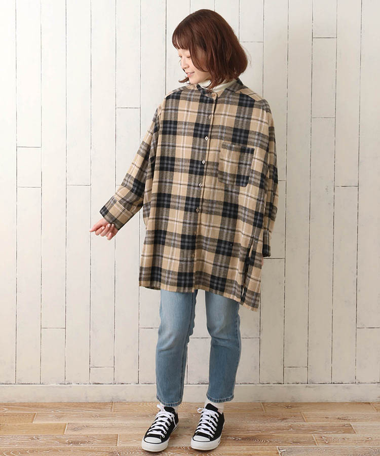≪OUTLET≫ビッグシルエットノーカラー起毛チェックシャツ