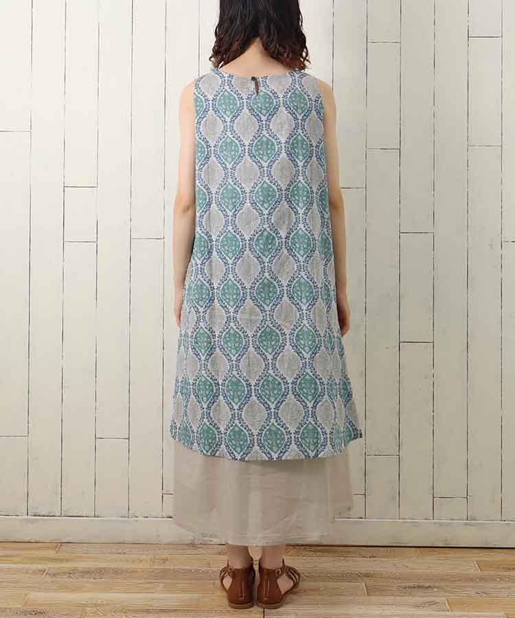 ≪SALE≫袖なしオリエンタル柄ワンピース