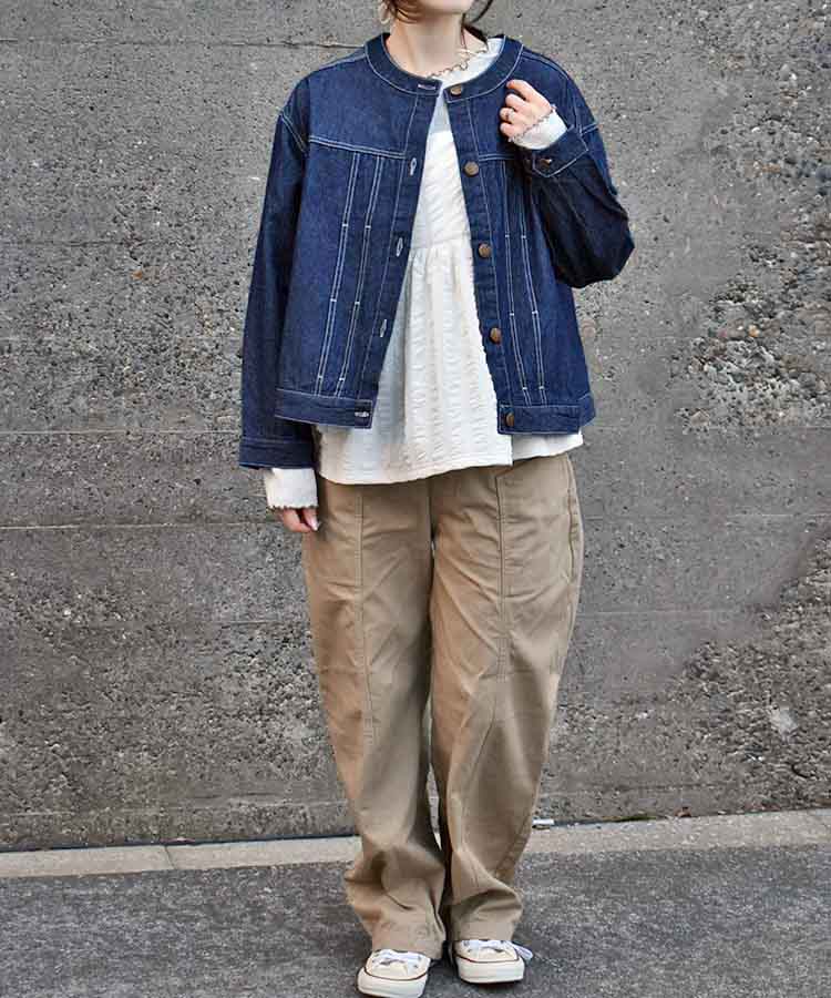 コットンデニムノーカラージャケット