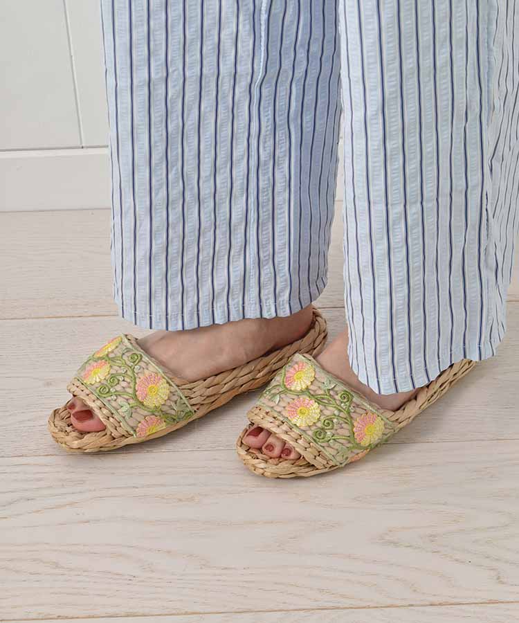 ≪SALE≫フラワー刺繍リボンガマスリッパ