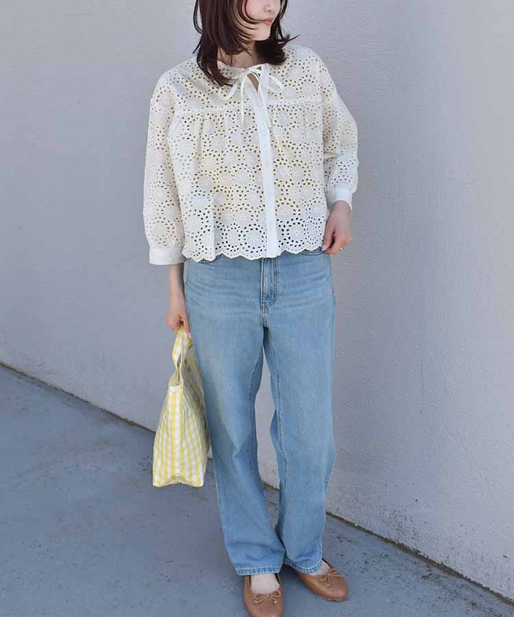 シフリー刺繍ノーカラーブラウス
