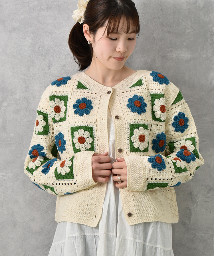 フラワーサガラ刺繍かぎ針カーディガン