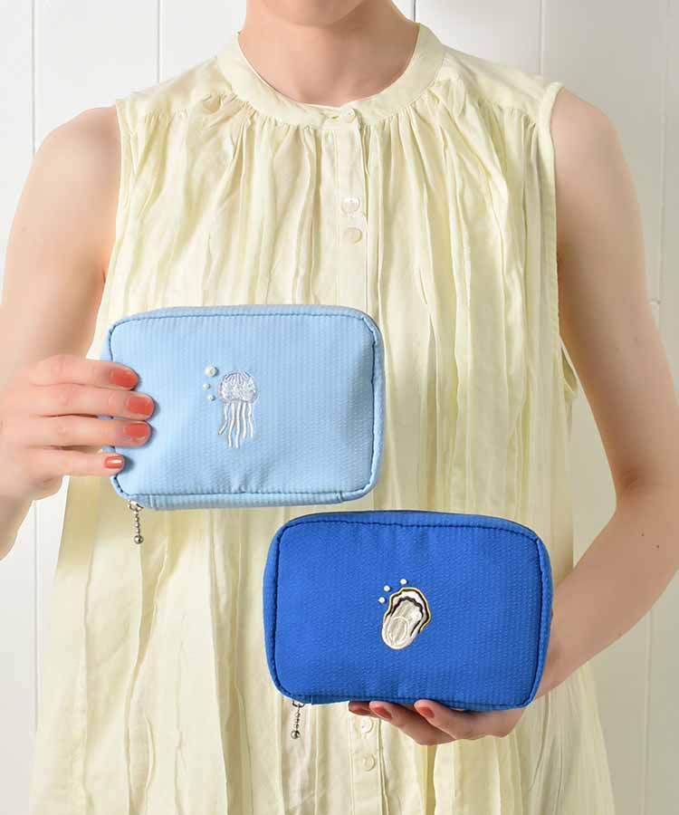 海洋生物パール刺繍多ポケットポーチ
