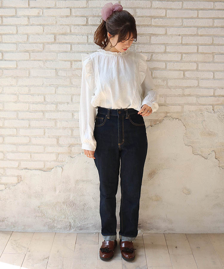 ≪SALE≫リーフ柄ピコレース付きフリルブラウス