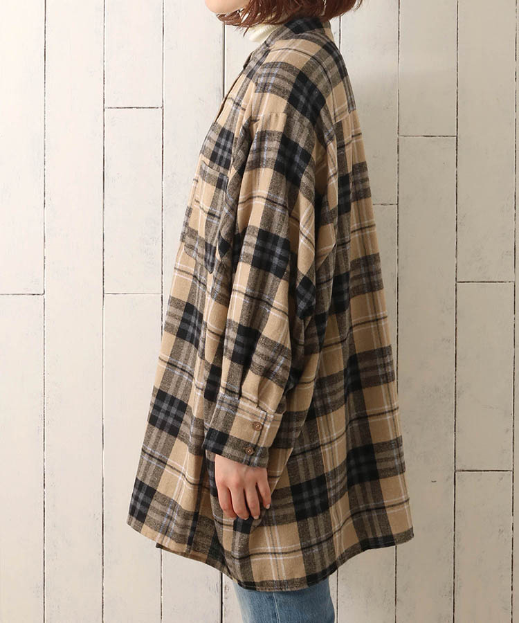 ≪OUTLET≫ビッグシルエットノーカラー起毛チェックシャツ