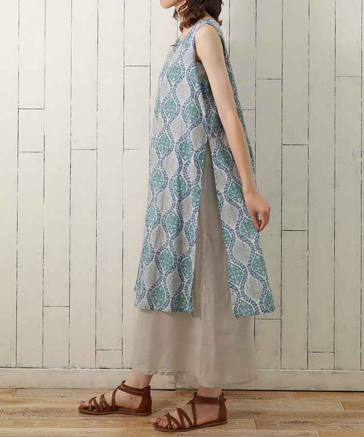 ≪SALE≫袖なしオリエンタル柄ワンピース