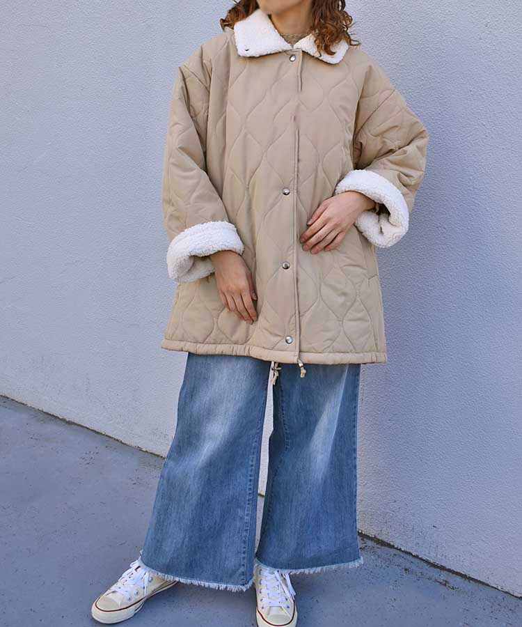 中綿ボア付きキルトコート